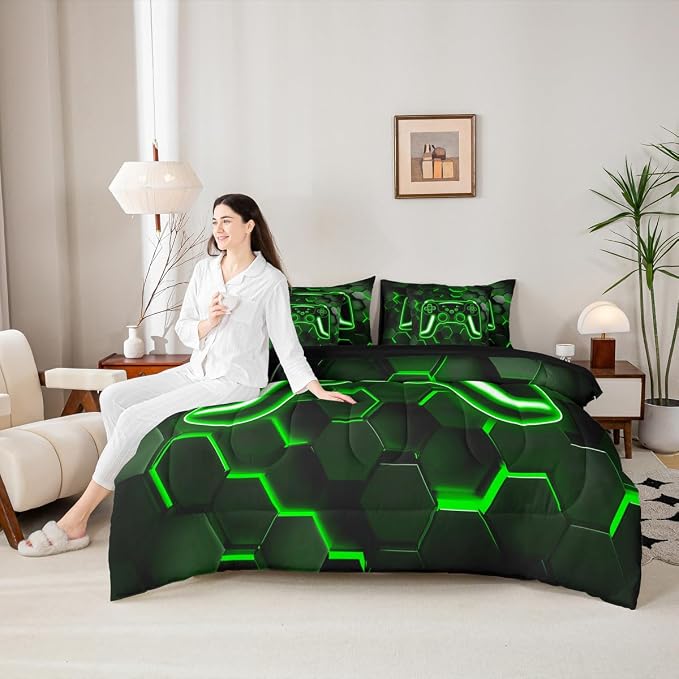 Erosebridal Gamer Bed in a Bag King Size Comforter Set 7-Piece, Neon Honeycomb Gaming Bedding Sets Game Boy Games Comforter and Sheet Set, Green Hexagon Lights Room Decor,Boys Bedroom Decor