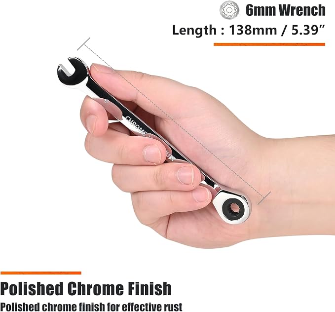 Egofine 6mm Ratcheting Combination Wrench Metric, Industrial Grade Gear Spanner with 12-Point Design, 72-Tooth Ratchet, Chrome Vanadium Steel