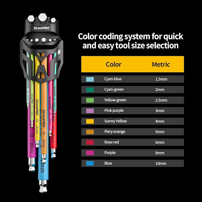GRENPRO 9PCS Metric Allen Wrenches Sets With Color Coded Bike Hex Key Set | Long Standard Allen Key Set With Color Coding, Flat & Ball Tip Bit, DIY Assembly & Home Bicycle Repair, Corrosion Resistant