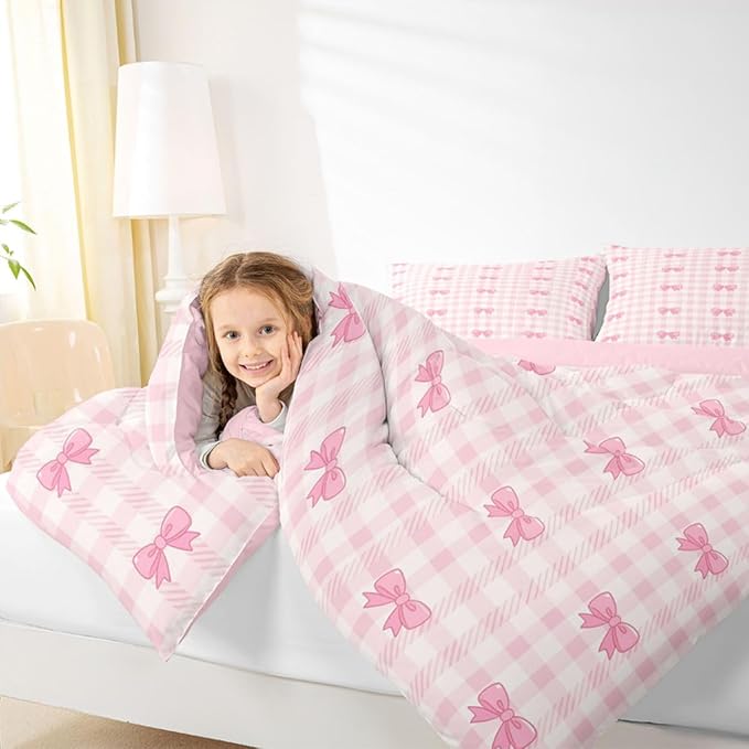 Feelyou Pink Bow Checkered Comforter Set King Size Chic Grid Bowknot Bedding Set for Kids Boys Girls Princess Duvet Quilt Bedroom Decor Microfiber 3 Pcs with 2 Pillow Cases