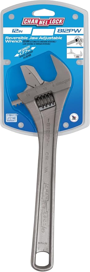Channellock Adjustable Wrench 812PW - Reversible Jaw, Chrome, Pipe Wrench - 12 In
