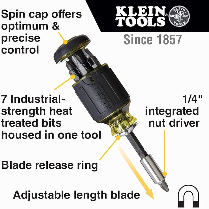 Klein Tools J215-8CR Multitool Pliers, Hybrid Multi Purpose Tool / Crimper, Wire Stripper, Bolt Shearing, Wire Grabbing, Twisting, Looping and Klein Tools 32308 Multi-bit Stubby Screwdriver, Impact Rated 8-in-1 Adjustable Magnetic Tool with Phillips, S...