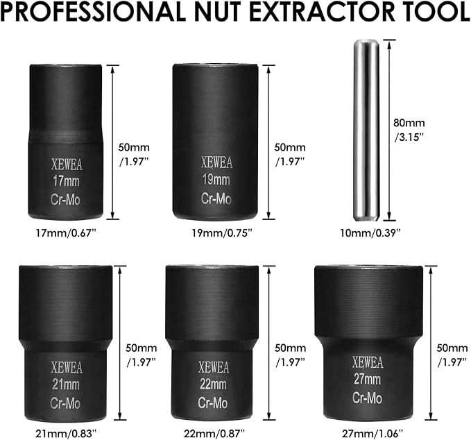 XEWEA 6PCS Impact Lug Nut Extractor Set, Wheel Lock Removal Kit | 1/2-Inch Drive Bolt Remover Twist Socket Kit for Removing Stripped, Damaged, Rusted, Rounded-Off Bolts Nuts Studs, Cr-Mo