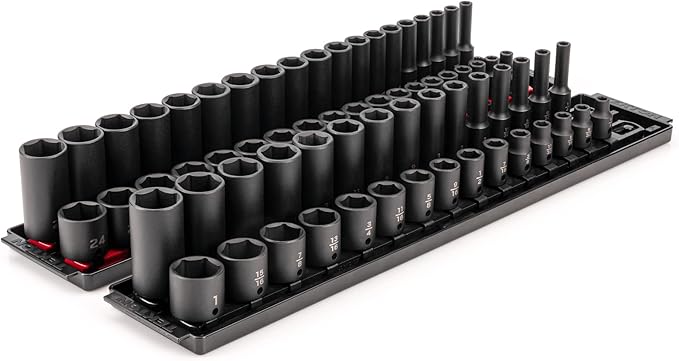 TEKTON 3/8 Inch Impact Socket Set, 68-Piece | SID91218 | (1/4 - 1 in., 6 - 24 mm), Shallow and Deep, 6-Point, Socket Rail