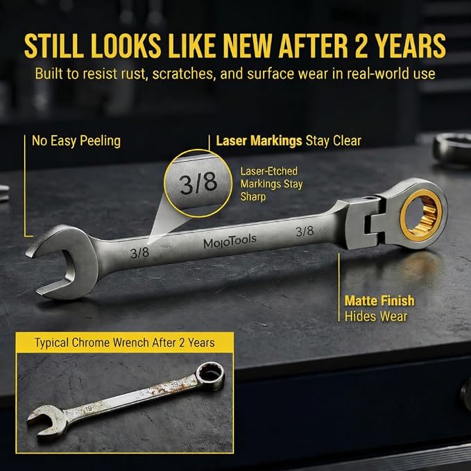 3/8 Inch Flex-Head Ratcheting Combination Wrench, SAE Standard, 72-Tooth 12-Point Ratchet Box End & Open-End Spanner, CR-V Steel, Nickel-Plated for Durability