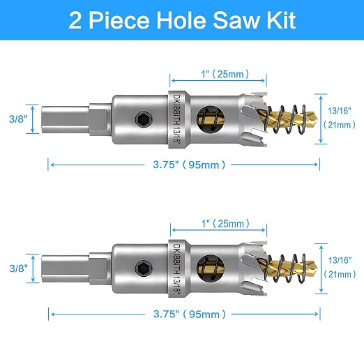DKIBBITH TCT Hole Saw Set, 2-Pack 13/16" (21mm) Heavy Duty Tungsten Carbide Tipped Hole Cutters for Stainless Steel, Copper, Iron, Brass, Plastic with Titanium-Plated Pilot Drill Bits