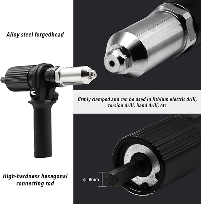 Rivet Gun Adapter Kit Cordless Riveting Drill Joint Adapter Riveter with 4Pcs Different Matching Nozzle Bolts, Wrench for Cordless Drill, Sheet Metal Work Accessories DIY