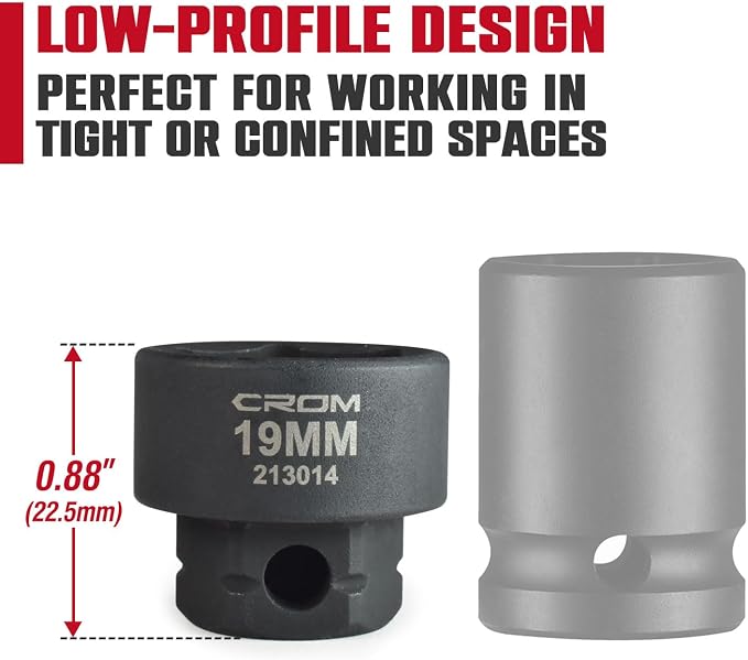 CROM Stubby Impact Socket Set 3/8" Drive Metric 6-19mm 14-Piece | Low Profile, CR-MO Steel, Nano Shallow Impact, Includes Aluminum Storage Rail