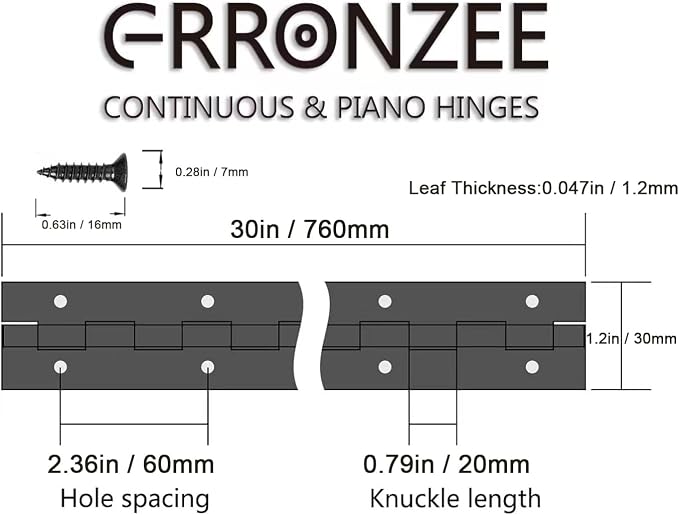 2PCS Heavy Duty Piano Hinge 30 Inch x 1.2 Inch Open Width Stainless Steel Black Continuous Hinge for Cabinet, Door, DIY Wood Boxes, 0.047" Leaf Thickness