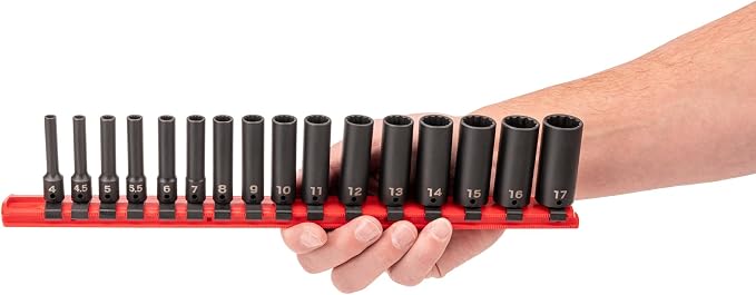 TEKTON 1/4 Inch Drive Impact Socket Set, 16-Piece | SID90107 | (4 - 17 mm), Deep, 12-Point, Socket Rail