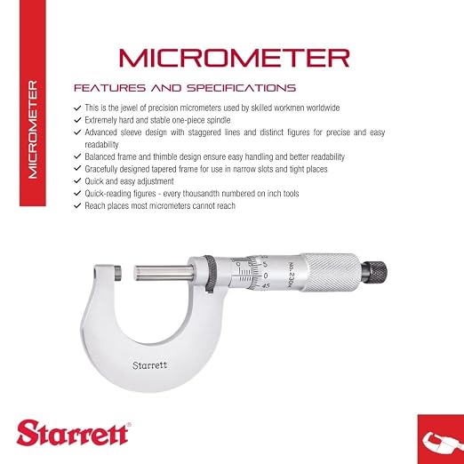 Starrett Outside Micrometer with One-Piece Spindle, Gracefully Tapered Frame and Advanced Sleeve Design - Quick and Easy Adjustment, 0-25mm Range, .001mm Graduation - V230MXRL