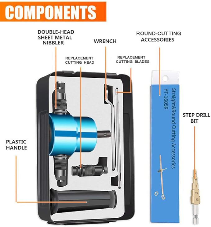 REXBETI Double Head Sheet Nibbler Metal Cutter, Quality Nibbler Drill Attachment for Straight Curve and Circle Cutting, Maximum 14 Gauge Steel