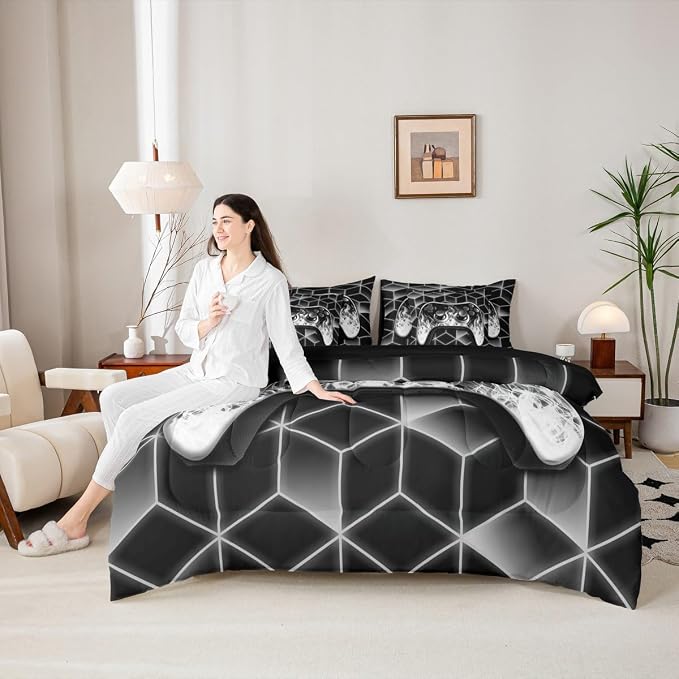 Game Consoles 7 Piece Comforter Set Full Bed in a Bag,Neon Geometric Bedding Set,3D Geometric Gamer Comforter and Sheet Set Grey Flame Bed Set,Gaming Decor for Boys Bedroom Decor Gamer Gifts