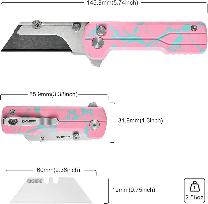 OKNIFE U1 Ultra Pocket Folding Utility Knife with Ceramic Blade, Lightweight O-Aluminum Handle Button Lock EDC Box Cutter with Clip for Men Women (Pink)