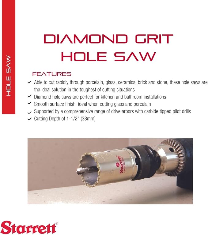 Starrett Diamond Grit Hole Saw 6" Dia, 1-5/8" Depth | Ideal For Drilling Small Diameter Holes, 5/8-18 Thread, XA2/XA10 Arbor, Non-Metallic Materials, Silver, KD0600-N