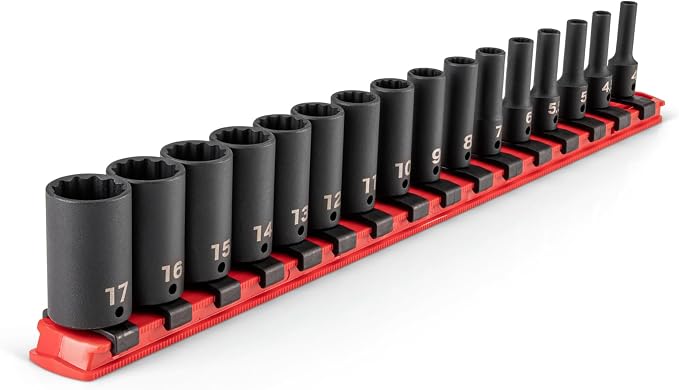 TEKTON 1/4 Inch Drive Impact Socket Set, 16-Piece | SID90110 | (4 - 17 mm), Semi-Deep, 12-Point, Socket Rail