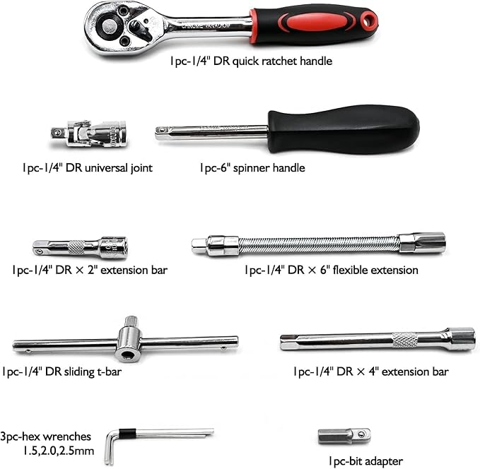 Egofine 46 Pieces 1/4 inch Drive Socket Ratchet Wrench Set, with Bit Socket Set Metric and Extension Bar for Auto Repairing and Household, with Black Storage Case