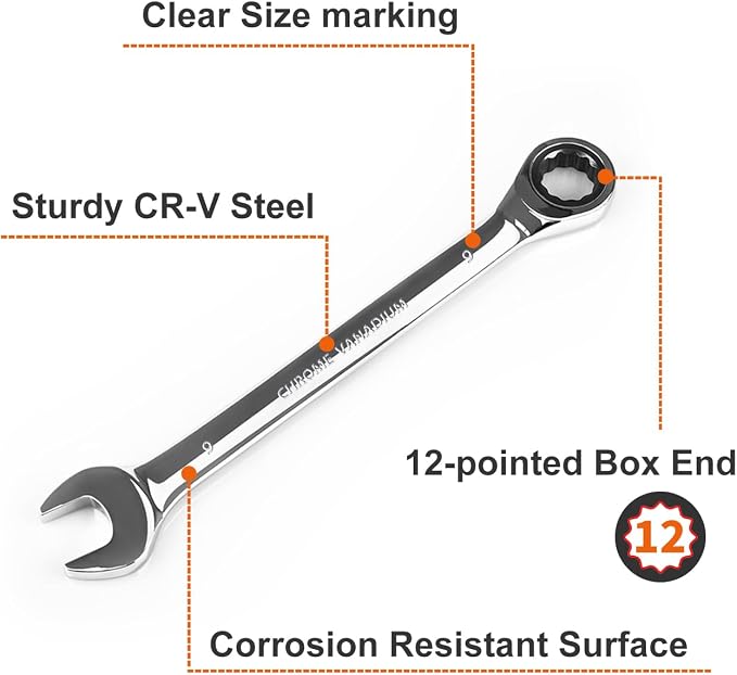 Egofine 9mm Ratcheting Combination Wrench Metric, Industrial Grade Gear Spanner with 12-Point Design, 72-Tooth Ratchet, Chrome Vanadium Steel