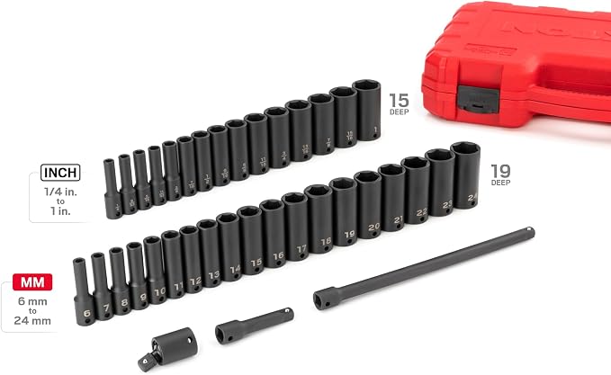 TEKTON 3/8 Inch Drive Deep 6-Point Impact Socket Set, 37-Piece (1/4-1 in., 6-24 mm) | SID91403 | (1/4 - 1 in., 6 - 24 mm), Deep, 6-Point, Case