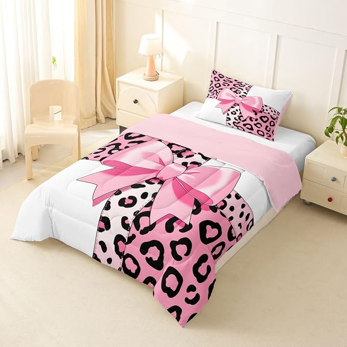 Feelyou Leopard Print Comforter Set Twin Size Leopard Bow Bedding Set for Kids Boys Girls Animal Fur Duvet Quilt Bedroom Decor Microfiber 2 Pcs with 1 Pillow Cases
