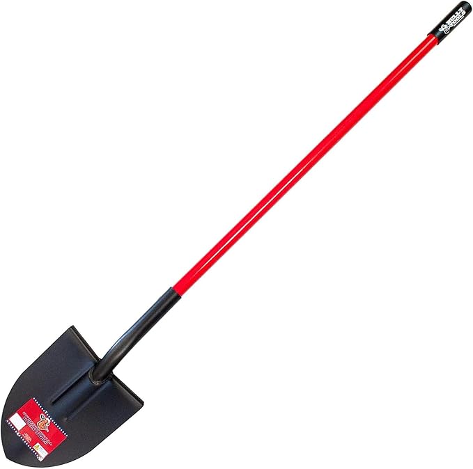 Bully Tools Round Point Heavy Duty Shovel - 12-Gauge Fiberglass Long Handle, Strong Metal Construction, Ideal for Gardening, Digging and Landscaping, Square and Flat Head Design - 100% Made in the USA