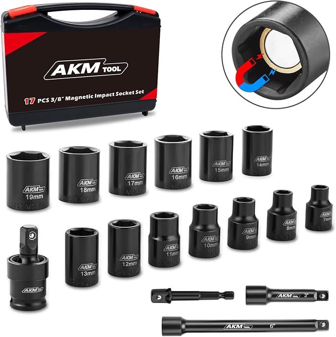 17PCS 3/8 Inch Drive Magnetic Impact Socket Set, Metric, 7mm-19mm, 6 Point, Cr-Mo, Square Drive, Magnetic Socket with Universal Joint, Drill Bit Adapter & Extension