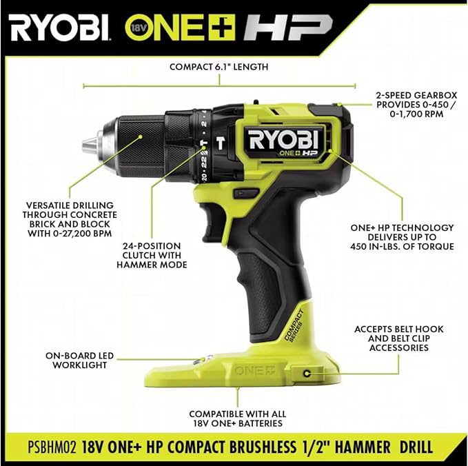 RYOBI ONEAND HP 18V BRUSHLESS Cordless Compact 1/2 in. Hammer Drill/Driver Tool ONLY PSBH