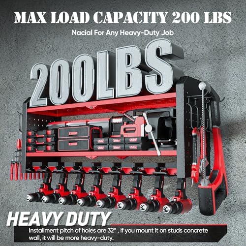 Nacial Power Tool Organizer Wall Mount, 8 Drill Holder Wall Mount with 3 Layer Cordless Drill Holder, Heavy Duty Tool Rack with 12 Hooks, Power Tool Storage for Garage Organization, Father's Day Gifts