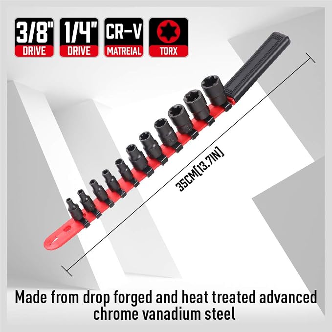 SEDY 11-Piece E-Torx Socket Set - Star Sockets Set with Socket Rail, External Torx Socket with Organizer, External Socket-Set, E4 E5 E6 E7 E8 E10 E12 E14 E16 E18 E20 Reverse Sockets Set