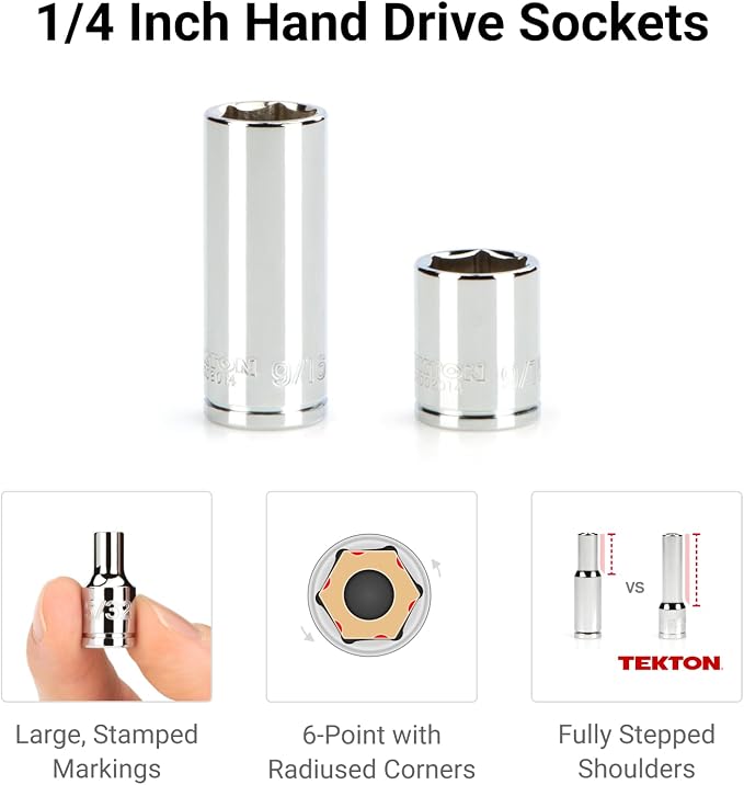 TEKTON 1/4 Inch Drive 6-Point Socket and Ratchet Set with Rails and Trays, 57-Piece (5/32-9/16 in., 4-15 mm) | SKT03301