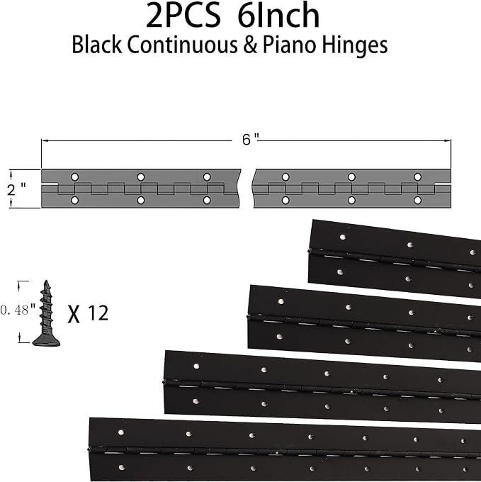 2PCS Black 6-Inch Heavy Duty Piano Hinge,2" Open Width Stainless Steel Continuous Hinges, Includes Pre-Drilled Holes and Screws, Ideal for Piano Cabinets ane Wooden Box.