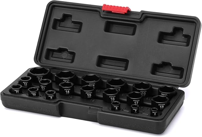EMENTOL 19 Pieces 3/8" Drive Low Profile Nano Impact Socket Set, 6mm-24mm, Metric Stubby sockets, CR-MO