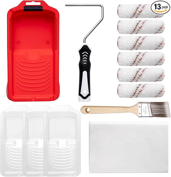 Mister Rui Mini Paint Roller Kit-13 Piece, 4-Inch Microfiber Paint Rollers with Ergonomic Handle, Small Roller Paint Brush, Paint Tray with 3 Liners, Perfect for House Painting, Trim, and Touch-Ups