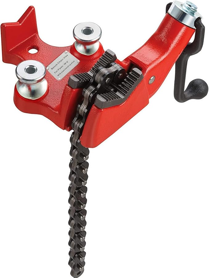 Mophorn Screw Bench Chain Vise 1/8 to 5-Inch Pipe Capacity, Heavy Duty Bench Chain Pipe Vise with Crank Handle, Neoprene-Coated Jaw, Cast Iron Material Ideal for a Variety of Pipes