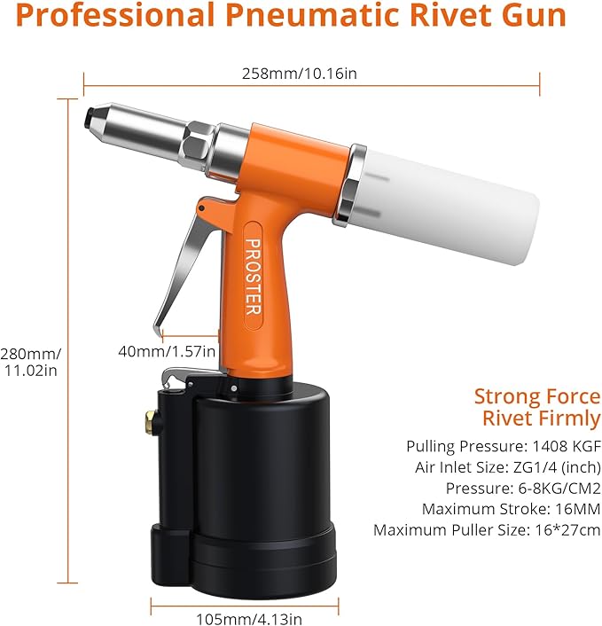 Proster Pneumatic Tool Air Riveter - 4 Nozzles Pneumatic Rivet Gun, 6-8KG/C2 Heavy-Duty Air Pop Riveter for 3/32", 1/8", 5/32", 3/16" Capacity 3104LBF