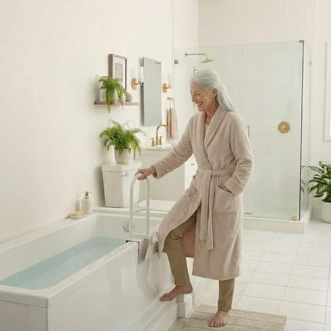 Bathtub Safety Rail Grab Bar – Tool-Free Clamp-On Tub Rail for Seniors & Mobility Support, No Assembly Required, Adjustable 3”–7” Fit, Steel Rust-Resistant, White