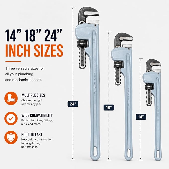 Stark USA 3PCS Aluminum Pipe Wrench Adjustable Jaw Plumbing Pipe Wrench (14" 18" 24" inch) Construction & Mechanics Wrench Set, 3-Pieces Set Straight Handle Plumbing Wrenches Adjustable