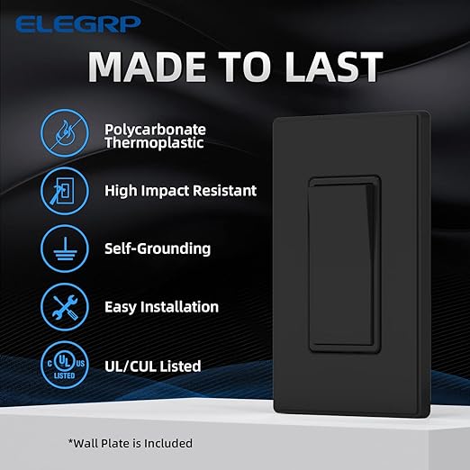 ELEGRP Matte Black 3 Way Decorative Light Switch with Plate, 15Amp, 120-277 Volt, AC Rocker Paddle Wall Switch Replacement, Self-Grounding, Residential Grade, w/Wall Plate, UL Listed (5 Pack)