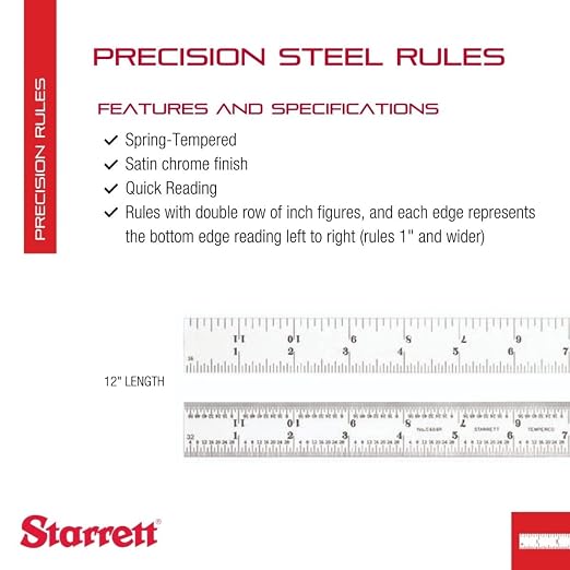 Starrett Spring Tempered Steel Rule with Satin Chrome Finish, Quick Reading, and Inch Graduation - 12" Length, 4R Graduation Type, 3/64" Thickness - C604R-12