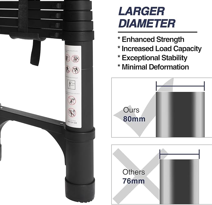 BOCOM 14.5 FT Aluminum Telescoping Ladder, Lightweight Multi-Purpose Collapsible Extension with 2 Triangle Stabilizers, Heavy Duty 330 lbs Max Capacity, Ideal for Home, RV, and Outdoor Work Black