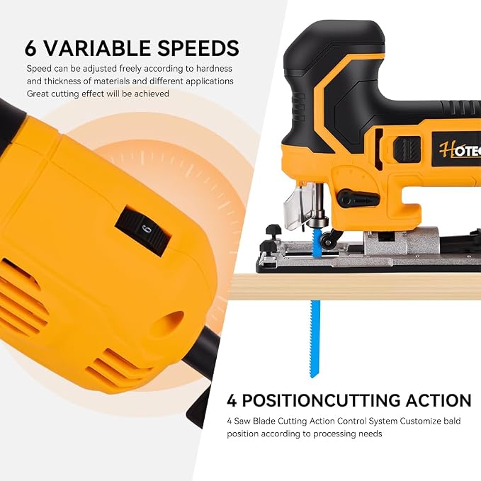 Hoteche 6.5-Amp Jig Saw Corded 6 Vriable Speed Jigsaw with LED Light and 2Pcs of Blades
