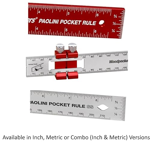 Woodpeckers Paolini Pocket Rule, Stainless Steel, 200mm, Metric Woodworking Ruler, Sliding Stop, Vertical End Scale, Scribing Notch, Engraved Scale