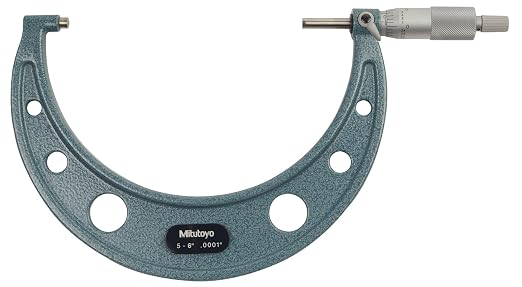 Mitutoyo 103-220 Outside Micrometer, 5-6" Range, 0.0001" Graduation, ±0.00015" Accuracy, Ratchet Stop, Vernier Scale, Satin-Chrome Sleeve, Baked-Enamel Frame, Carbide-Tipped Measuring Faces | 0.0001" Graduation, ±0.00015" Accuracy, Ratchet Stop, Vernie...