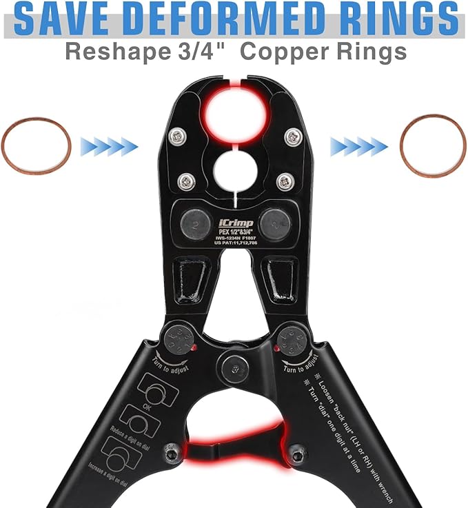 iCrimp IWS-1234N PEX Crimping Tool for 1/2’’ & 3/4’’ Copper Crimp Rings, Combo PEX Crimper with Interchangeable Die Set for Tight Space, Patented