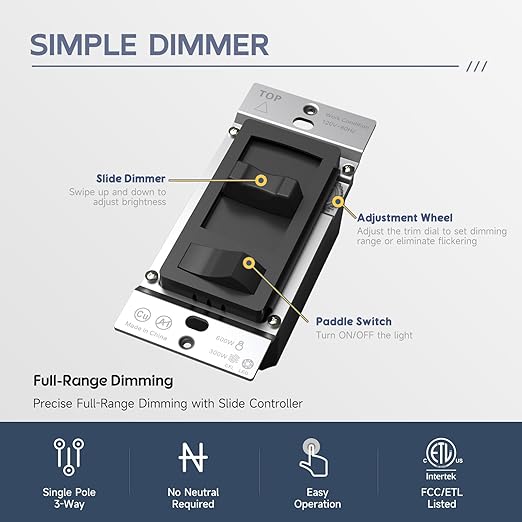 ECOELER Dimmer Light Switch, Single-Pole/3 Way, Full Range Decora Dimmer Switch for 300W Dimmable LED/CFL Lights and 600W Incandescent/Halogen, Wall Plate Included, ETL Listed, Black, 4 Pack