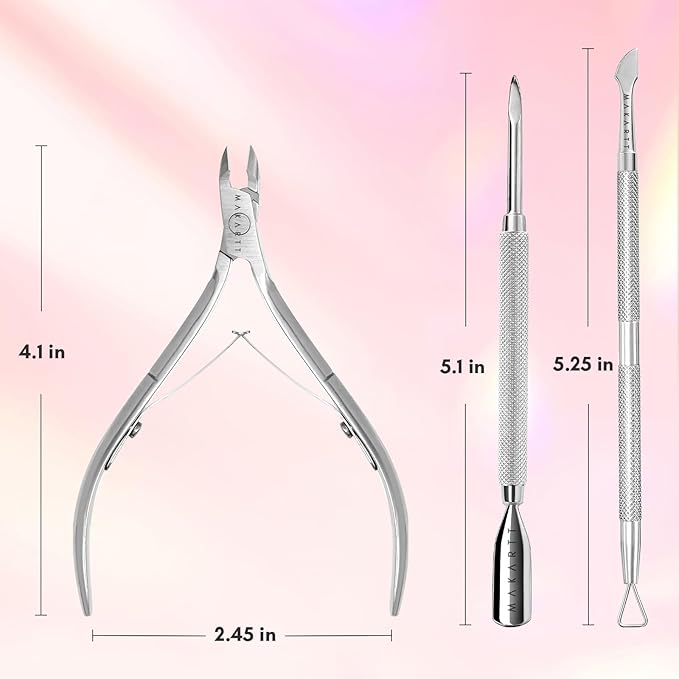Makartt Cuticle Trimmer with Cuticle Pusher, Silver Nail Trimmer Nail Care Manicure and Pedicure Kit with Stainless Steel Cuticle Nipper and Dual End Nail Pushers for Home Salon Use (Pack of 3 PCS)