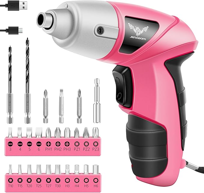 JENABOM Pink Cordless Electric Screwdriver, 3.6V Rechargeable Small Electric Drill with 24pcs Driver Bit Set, Power 3.5Nm Screw Gun with LED Light for Women