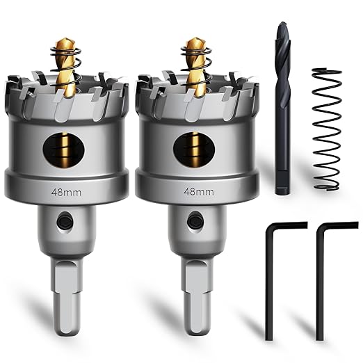 Metal Hole Saw 1-7/8''(48mm) 2Pcs Set Heavy Duty Tungsten Carbide Tipped Hole Cutters Set with a nitrided Step Drill and L-flench, for Steel Iron,Aluminum,Stainless stell