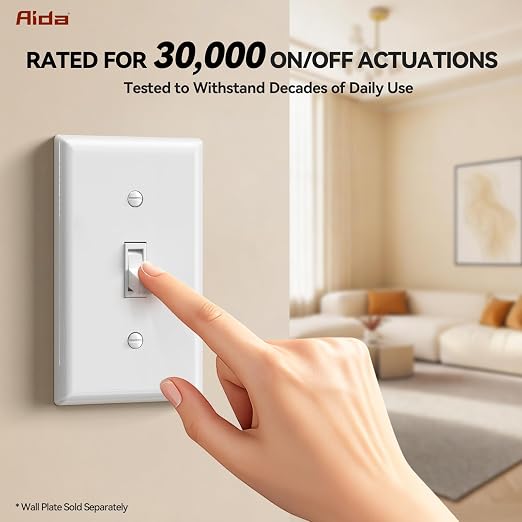 AIDA 1 Pack Single Pole Toggle Light Switch, 15 Amp, 120 Volt, Toggle Framed AC Quiet Switch, in Wall On/Off Switch Replacement, Self-Grounding, Residential and Commercial Grade, UL,Glossy White