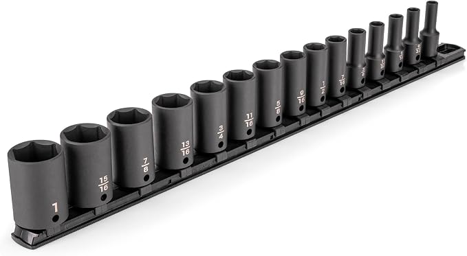 TEKTON 3/8 Inch Drive Impact Socket Set, 15-Piece | SID91118 | (1/4 - 1 in.), Semi-Deep, 6-Point, Socket Rail